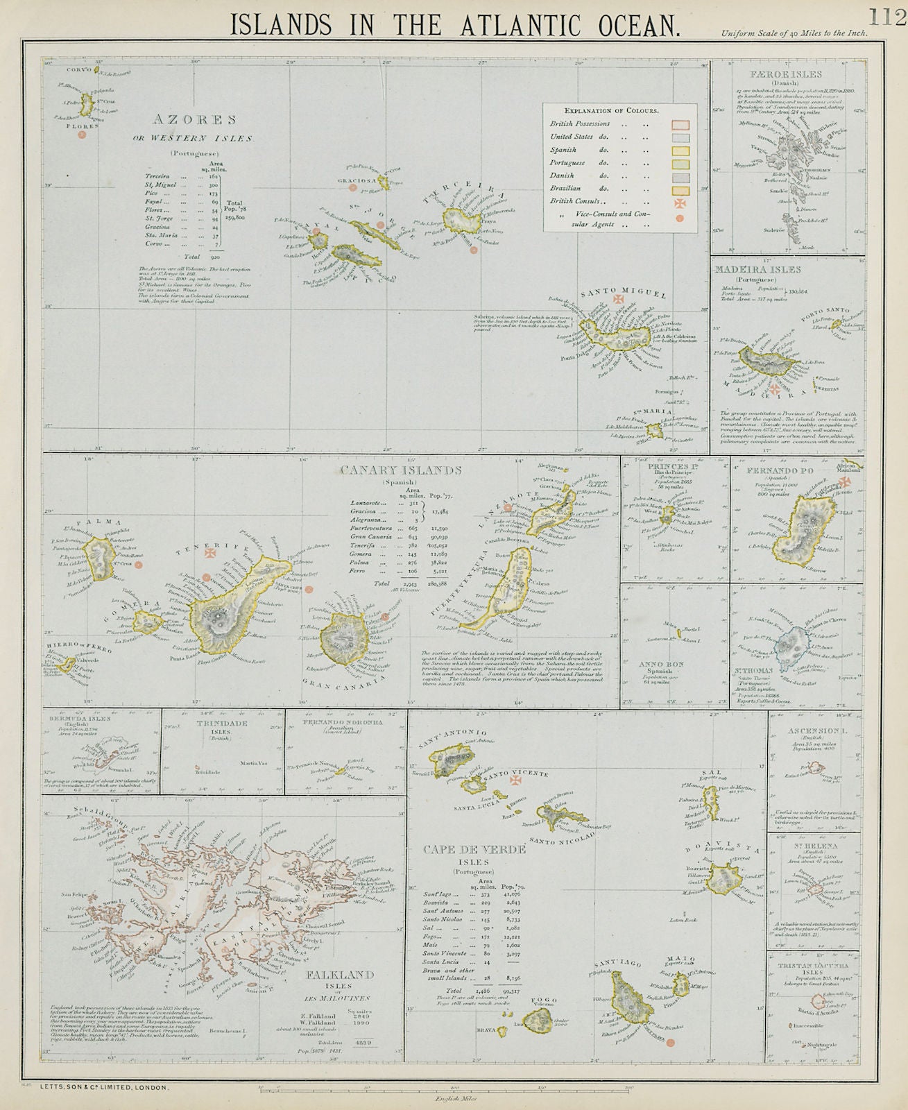 ATLANTIC ISLANDS. Azores Madeira Canary Cape Verde Falklands. LETTS 1884 map